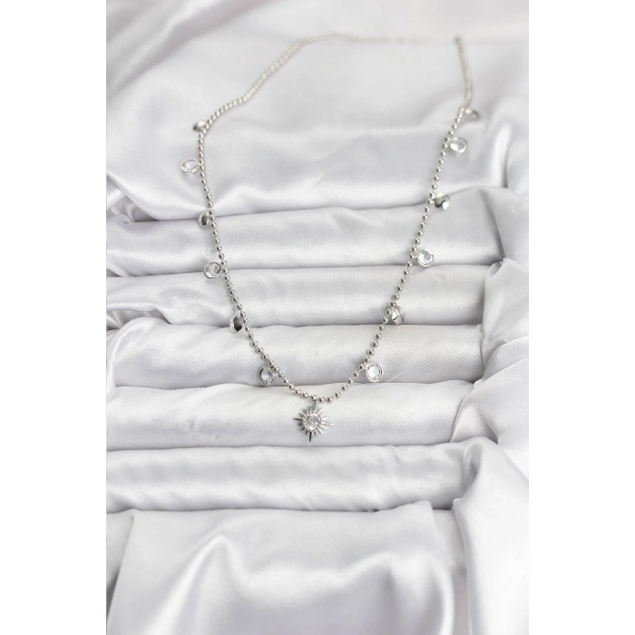 Zirkon Taşlı Kutup Yıldızı Model Pirinç Gümüş Renk Kadın Kolye