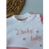 0-3 3-6 Ay Lucky Turk Nakışlı Es Çizgi Boy Şapkalı Kız Bebek Tulumu Pudra