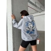 3 iplik şardonlu oversize kafa baskılı sweat gri