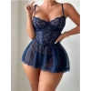 Arias Closet Özel Tasarım Lacivert Dantelli Korse Görünümlü Çapraz İpli Tül Fantezi Gecelik