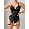 kapsulavm Siyah Özel Bölgesi Açık Dantel İşlemeli Jartiyer Görünümlü Fantezi Body