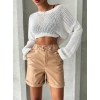 Beli lastikli duble paça deri şort bej w24755