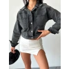 Çift cepli kol katlamalı süper taş enzim yı crop kot ceket füme