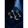 Gold Renk 3 lü Ay ve Yıldız Model Küpe