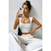Kadın Beyaz Kare Yaka Kalınlaşan Omuz Detaylı Crop Top Bluz