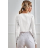Kadın Beyaz Uzun Kollu Önden Bağlama Detaylı Crop Top Bluz