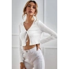 Kadın Beyaz Uzun Kollu Önden Bağlama Detaylı Crop Top Bluz