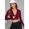 Kadın Bordo Uzun Kol Fermuarlı Parmak Geçme Detaylı Dik Yaka Crop Top Bluz