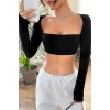 Kadın Siyah Uzun Kol Göğüs ve Sırt Dekolteli Crop Top Bluz