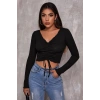 Kadın Siyah Uzun Kollu Büzdürme Bağcık Detaylı Crop Top Bluz