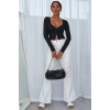 Kadın Siyah Uzun Kollu Düğmeli Göğüs ve Göbek Dekolteli Crop Top Bluz