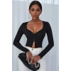 Kadın Siyah Uzun Kollu Düğmeli Göğüs ve Göbek Dekolteli Crop Top Bluz