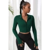 Kadın Yeşil Uzun Kol Fermuarlı Parmak Geçme Detaylı Dik Yaka Crop Top Bluz