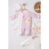 Kelebek Nakışlı Puanlı Tulumlu % 100 Pamuk Kız Bebek 5li Set