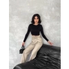 Kendinden ince kemerli deri pantolon bej