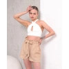Kuşaklı keten şort bej s255265