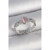 Pirinç Gümüş Renk Zirkon Taş Detaylı Pembe Mineli Damla Model Ayarlanabilir Kadın Yüzük