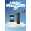 Termos Paslanmaz Çelik Termos Siyah Renk 3 Bardaklı Termos Seti