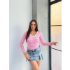 V yaka çizgili bluz pembe