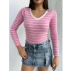 V yaka çizgili bluz pembe