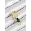 Yeşil Damla Zirkon Taşlı Kraliçe Taçlı Kedi Figürlü Gold Renk Kadın Broş