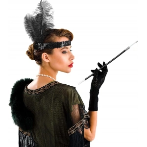 1920'ler Gatsby Aksesuar Seti – Siyah Charleston  Bandı & Sigaralık