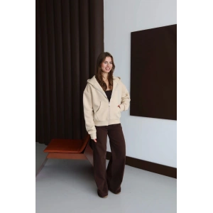 3 iplik şardonlu kapşonlu hoodie frm bej p510437