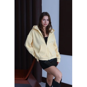 3 iplik şardonlu kapşonlu hoodie frm sarı p510437