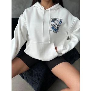 3 iplik şardonlu oversize kafa baskılı sweat beyaz