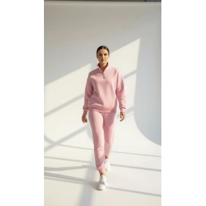 3 iplik Şardonlu yarım fermuarlı sweatshirt somon