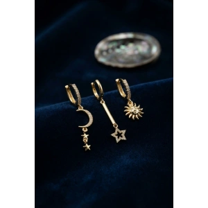 3 lü Set Ay Yıldız ve Güneş Model Gold Renk Kadın Küpe