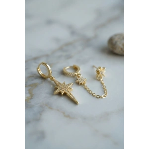 3 lü Set Küpe Gold Renk Zincir Detaylı