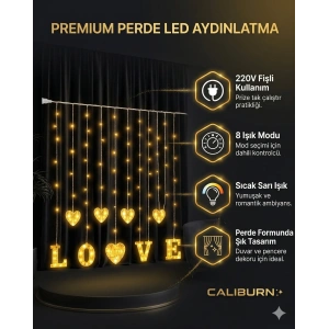 3 Metre Perde Led Işık - 8 Modlu Kalp ve LOVE Figürlü Dekoratif Animasyonlu Led