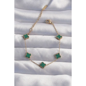 316L Çelik Baby Boy Gold Renk Çizgili Yeşil Mineli Yonca Bileklik