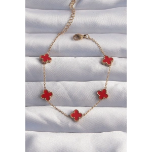 316L Çelik Baby Boy Gold Renk Kırmızı Mineli Yonca Bileklik