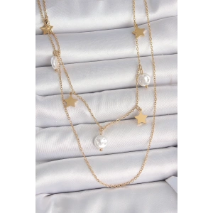 316L Çelik Gold Renk 2Li Zincir Sallantı Yıldız İnci Model Kadın Kolye