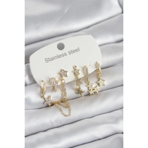 316L Çelik Gold Renk 6lı Set Zincirli Yıldız Modelli Kadın Küpe
