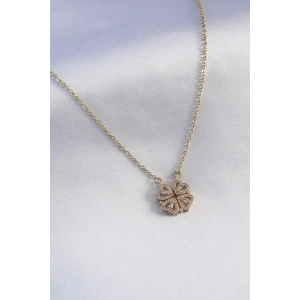 316L Çelik Gold Renk Açılır Zirkon Taşlı Yonca Model Kadın Kolye