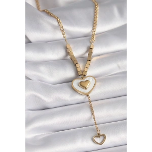 316L Çelik Gold Renk Beyaz Sedefli Kalp Model Sallantı Detay Kadın Kolye