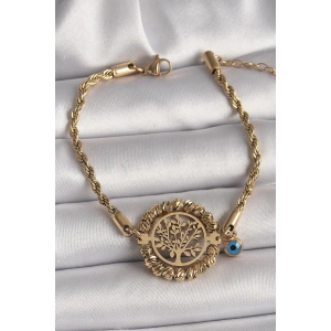 316L Çelik Gold Renk Burgu Zincir Model Dorika Yaşam Ağacı Figür Nazar Boncuk Detay Kadın Bileklik
