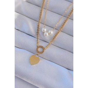 316L Çelik Gold Renk Çift Zincir İnci Detayı Love Kalp Kolye