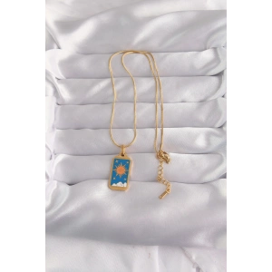 316L Çelik Gold Renk Mavi Mineli Güneş Model Tarot Kolye