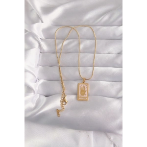 316L Çelik Gold Renk Pembe Mineli El Figür Tarot Kolye