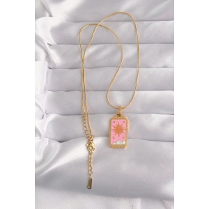 316L Çelik Gold Renk Pembe Mineli Güneş Model Tarot Kolye