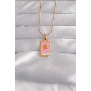 316L Çelik Gold Renk Pembe Mineli Güneş Model Tarot Kolye