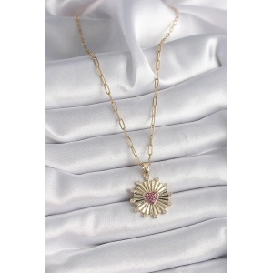 316L Çelik Gold Renk Pembe Zirkon Taşlı Kalp İşleme Madalyon Model Kadın Kolye