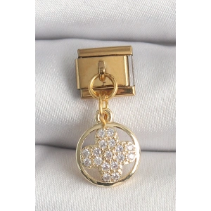 316L Çelik Gold Renk Sallantı Zirkon Taşlı Yonca Model Nomination Charm