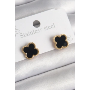 316L Çelik Gold Renk Siyah Yonca Model Kadın Küpe