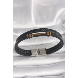 316L Çelik Gold Renk ZikZak İşlemeli Aksesuarlı Çift Sıra Burgu Desenli Deri Kordon Erkek Bileklik