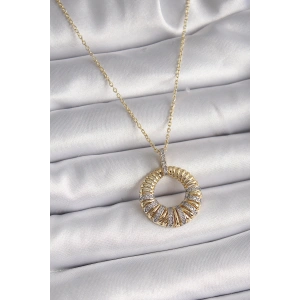 316L Çelik Gold Renk Zincir Gümüş Zirkon Taşlı Daire Model Kadın Kolye